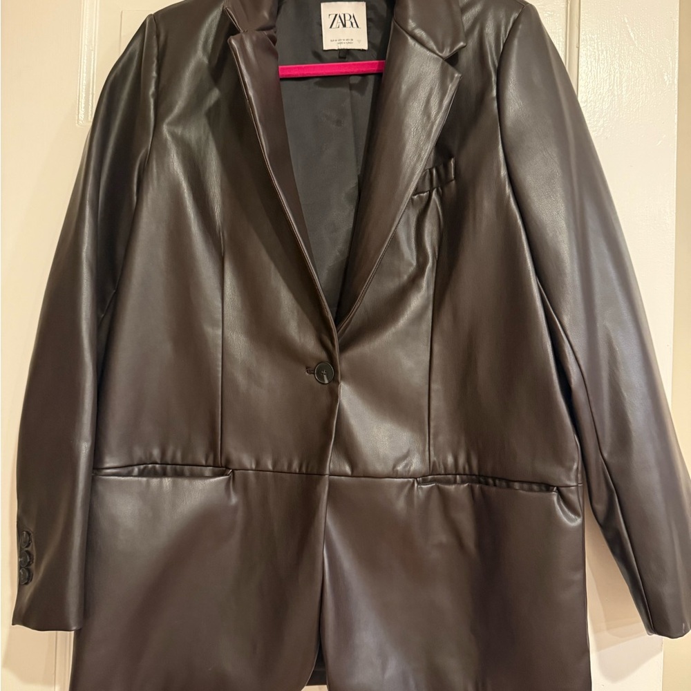 ZARA Dark Brown Faux Leather Single-Button Blazer